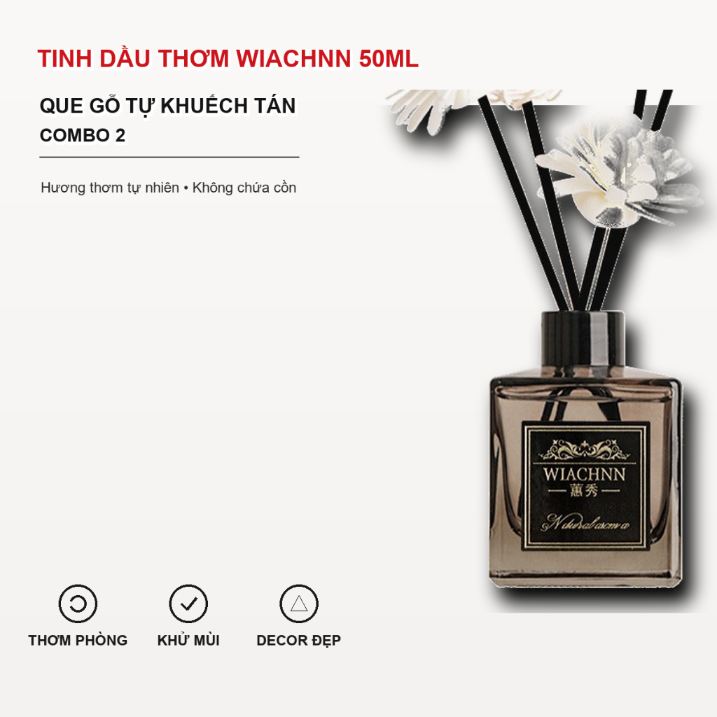 (COMBO 2) Tinh Dầu Thơm Thiên Nhiên WIACHNN 50ml Bản Sang Trọng Để Phòng Que Gỗ Tự Khuếch Tán Thanh Lọc Khử Mùi