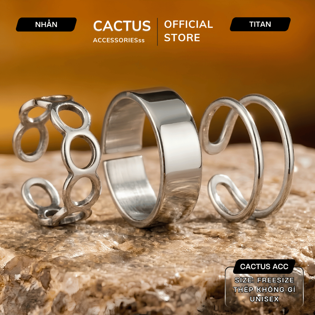 Nhẫn nam mở freesize trơn Cactus Acc, nhẫn Titan điều chỉnh size cực chất, bộ 3 nhẫn mở không gỉ