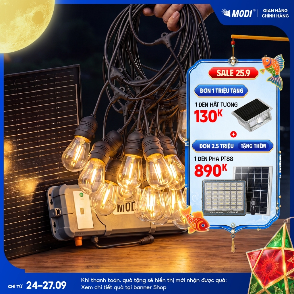 Đèn Dây Trang Trí Ngoài Trời MODI SOLAR, Đèn Led Trang Trí Năng Lượng Mặt Trời Kháng Nước IP65