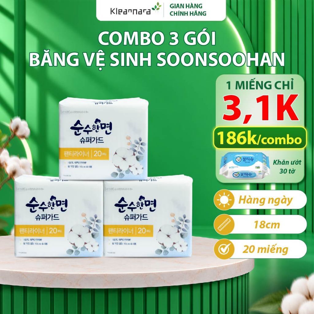 Combo 3 gói Băng vệ sinh hàng ngày siêu mỏng KleanNara Soonsoohanmyeon Superguard Hàn Quốc Size 18cm - 20 miếng/gói