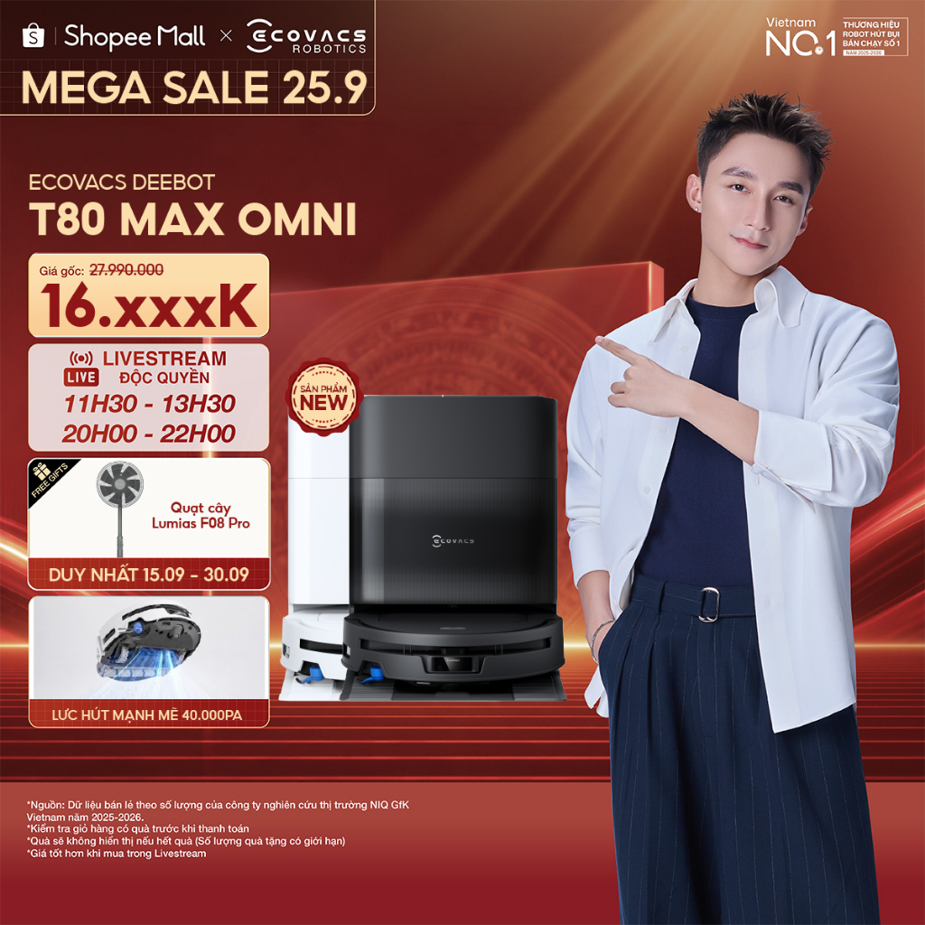 Ecovacs Deebot T80 Max Omni Robot hút bụi lau nhà | Lực hút 40000Pa | Chống rối ZeroTangle™ 4.0 | Bảo hành 24 tháng