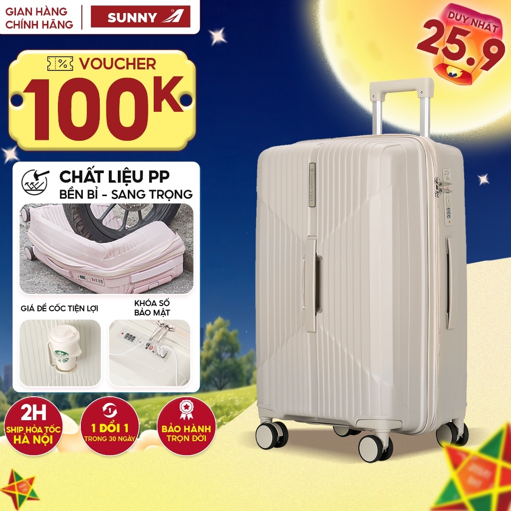 Vali kéo du lịch SUNNY CHOCO nhựa PP chống vỡ cổng sạc USB ngăn đựng cốc size 20 24 28 inch xách tay ký gửi