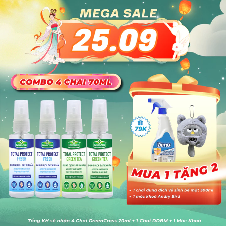 Combo 4 Chai Nước Rửa Tay Khô Green Cross 70ml Dạng Xịt – Diệt Khuẩn 99,9%, Khử Khuẩn Nhanh