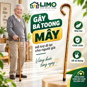 Gậy Batoong Mây Cho Người Già, Gậy Chống Người Cao Tuổi Tay Cong Dễ Cầm, Đầu Cao Su Chống Trượt