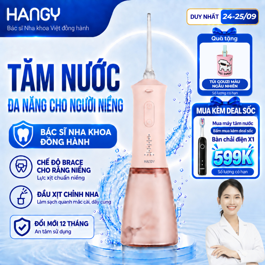 Máy Tăm Nước Cầm Tay Cho Răng Niềng HG23 &HN26 - Pin Trâu, 4 Chế Độ - Đổi mới trong 12 tháng