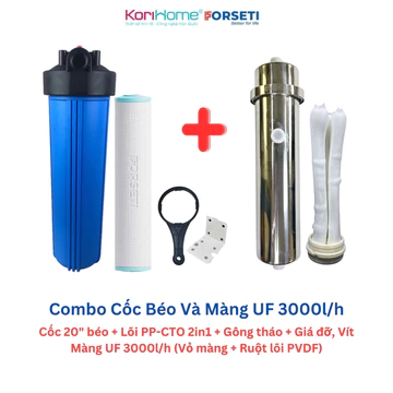 Combo Cốc Lọc Béo 20 Inch + Lõi UF Sợi PVDF 3000L Dùng Cho Lọc Nước Tổng Đầu Nguồn, Bộ Lọc Tổng Sinh Hoạt Cốc Béo + UF