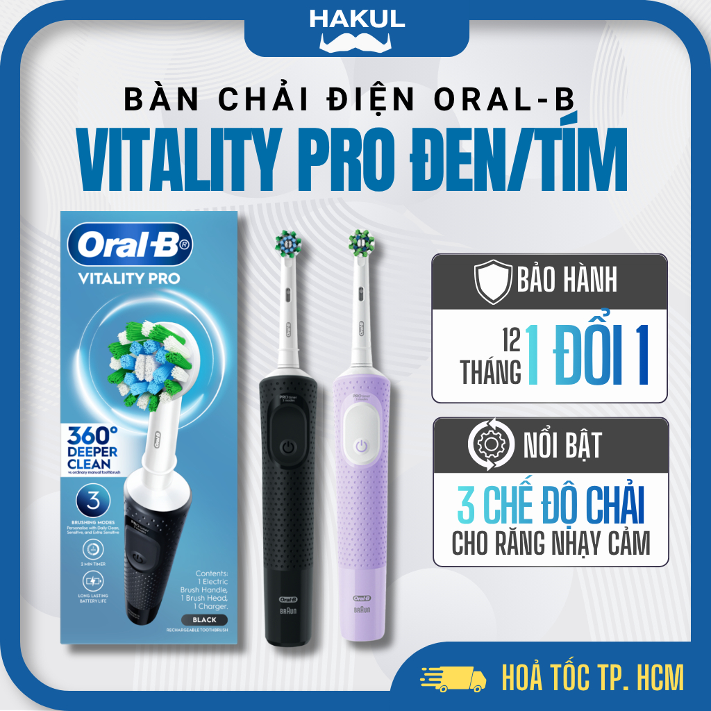 Bàn Chải Điện Oral-B Vitality Pro Chính Hãng 3 Chế Độ Chải Êm, Đánh Sạch Mảng Bám, Chống Nước - Kèm Đầu Bàn Chải