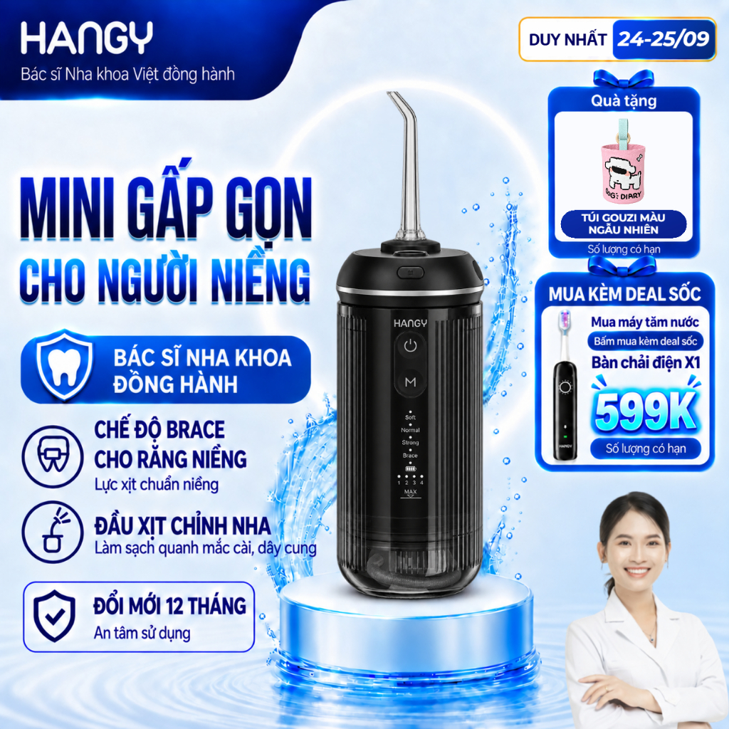 Máy tăm nước mini HANGY O16 & HM06 gấp gọn cho người niềng - Khởi động mềm, 4 chế độ làm sạch
