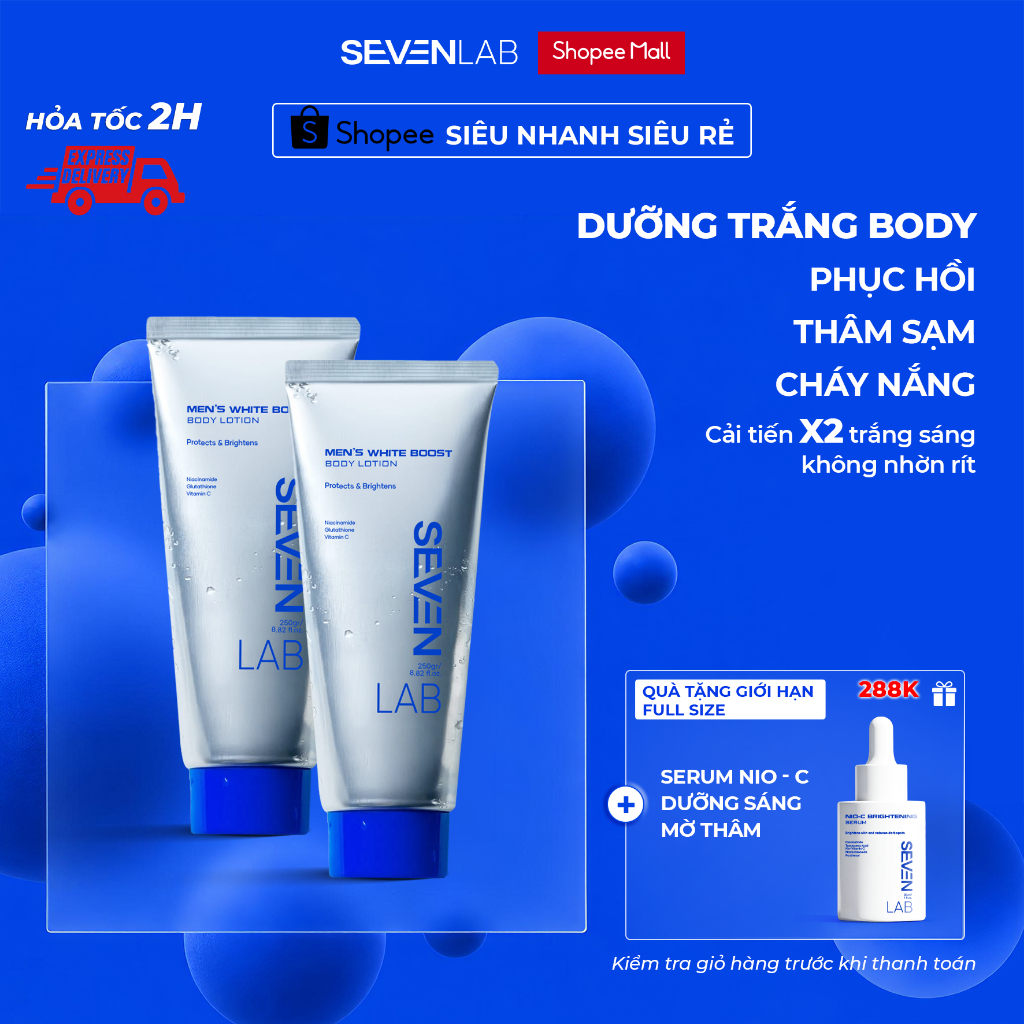 Sữa dưỡng thể trắng da nam giới SEVENLAB 250gram không nhờn dính, mờ thâm, đều màu da vượt trội