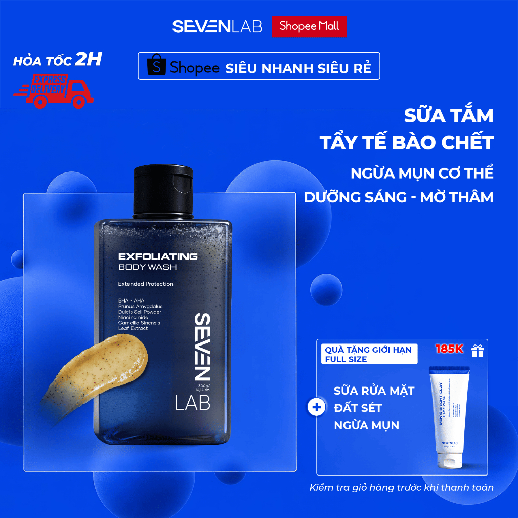 Sữa tắm tẩy tế bào chết SEVENLAB 300g giúp giảm mụn lưng, hỗ trợ dưỡng trắng da, hương nam tính