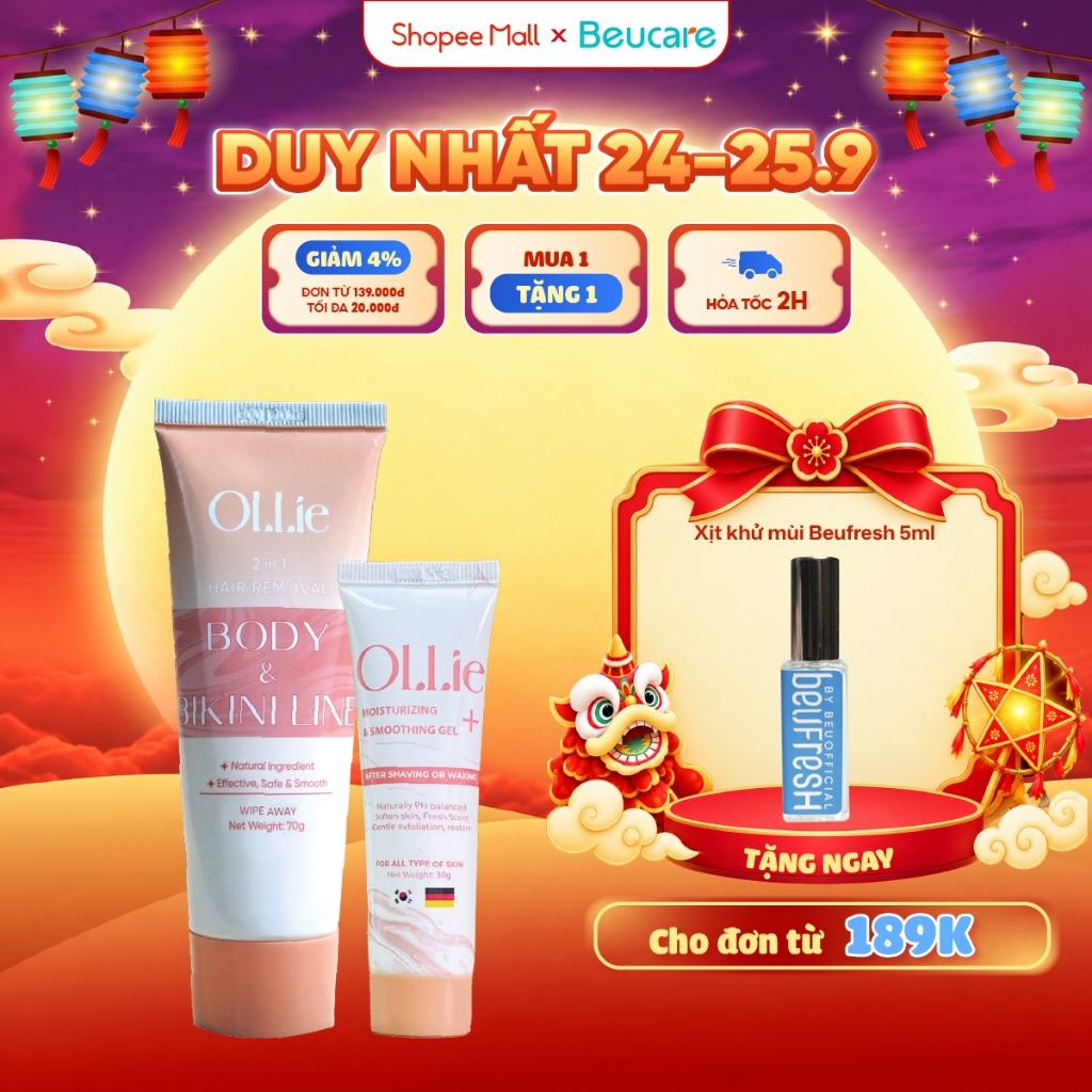 Combo kem tẩy lông và kem dưỡng Ollie tẩy vùng kín, nách, tay, chân , an toàn không đau rát,dưỡng da phù hợp mọi loại da
