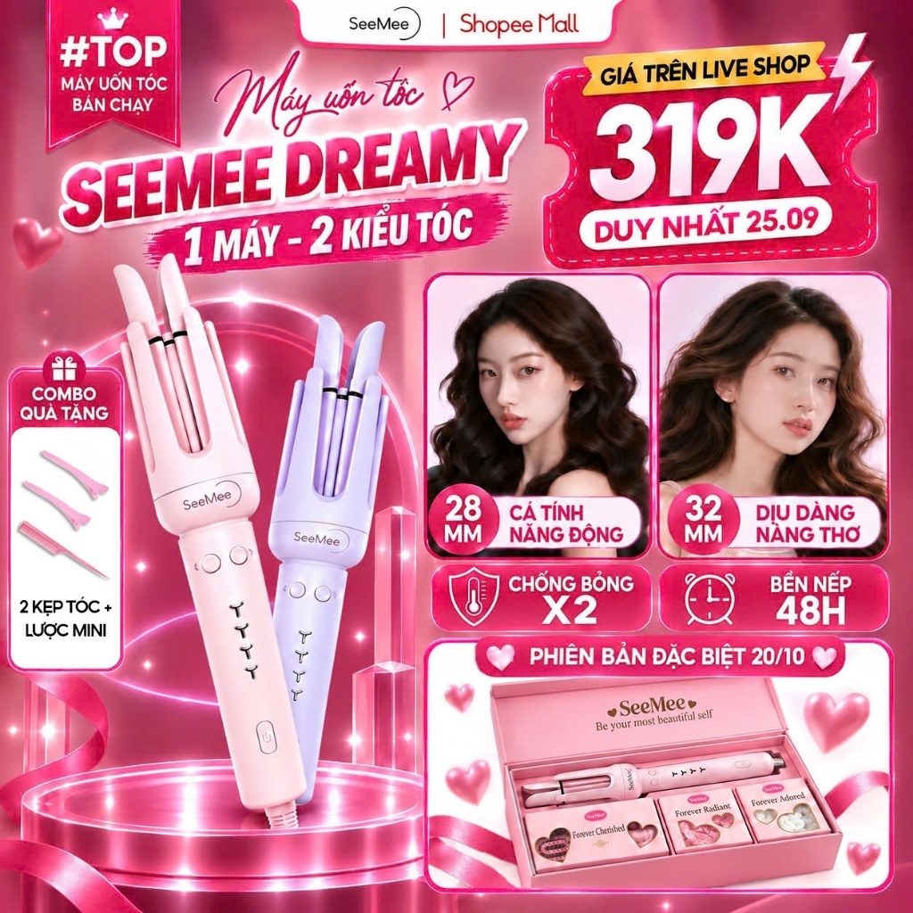 [GIÁ 303K TẠI LIVE SHOP] Máy Uốn Tóc Tự Động Seemee trục 28mm 32mm, Set Quà Tặng Cho Nữ 20/10 LOVEBOX bản 2025, LIS