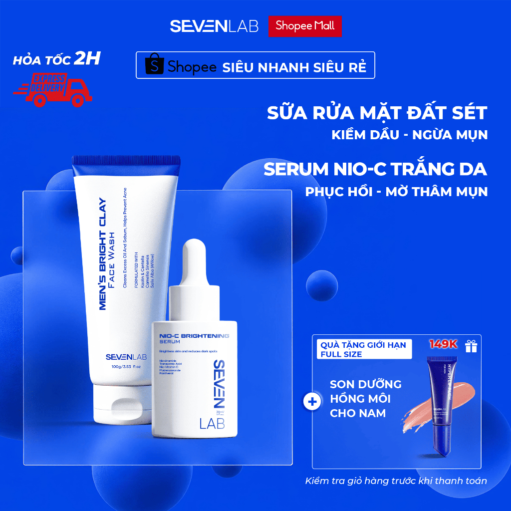 Combo serum dưỡng trắng sáng da và sữa rửa mặt giúp ngừa mụn nam giới SEVENLAB kiểm soát dầu, mờ thâm, đều màu da