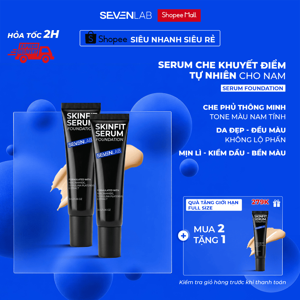 Kem nền nam SEVENLAB dạng serum giúp nâng tone tự nhiên, che khuyết điểm, kiềm dầu mỏng nhẹ 30g