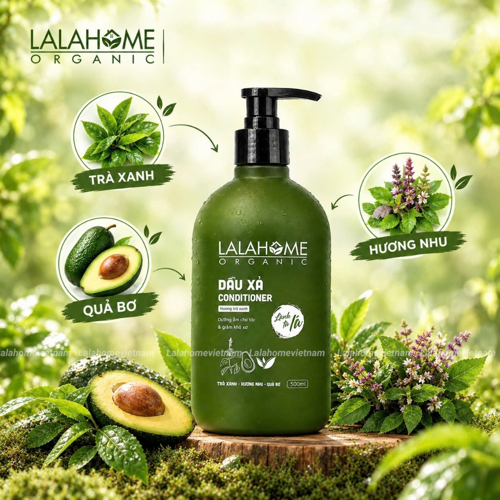 Dầu Xả LALAHOME ORGANIC Trà Xanh, Hương Nhu, Quả Bơ  - Dưỡng tóc mềm mượt, kiểm soát dầu