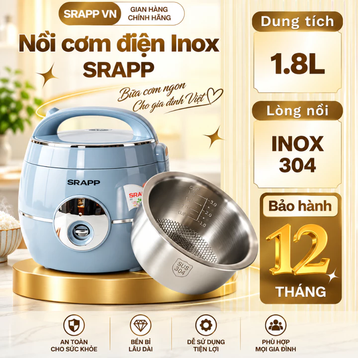 Nồi cơm điện SRAPP SH-NC187 dung tích 1.8L, Lòng nồi inox 304an toàn cho sức khỏe, Bảo hành 12 tháng