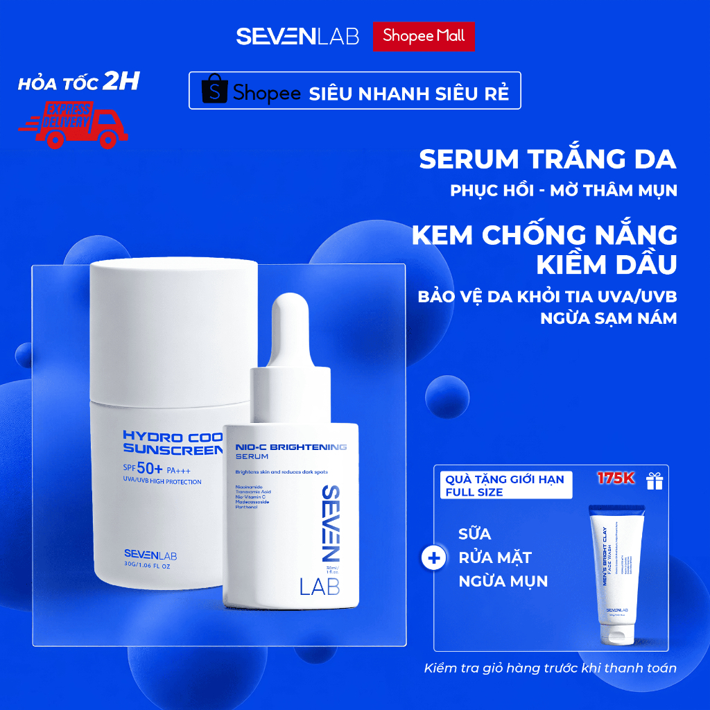 Combo serum dưỡng trắng da và kem chống nắng kiềm dầu phổ rộng SEVENLAB giúp mờ thâm bảo vệ da khỏi tia UVA UVB