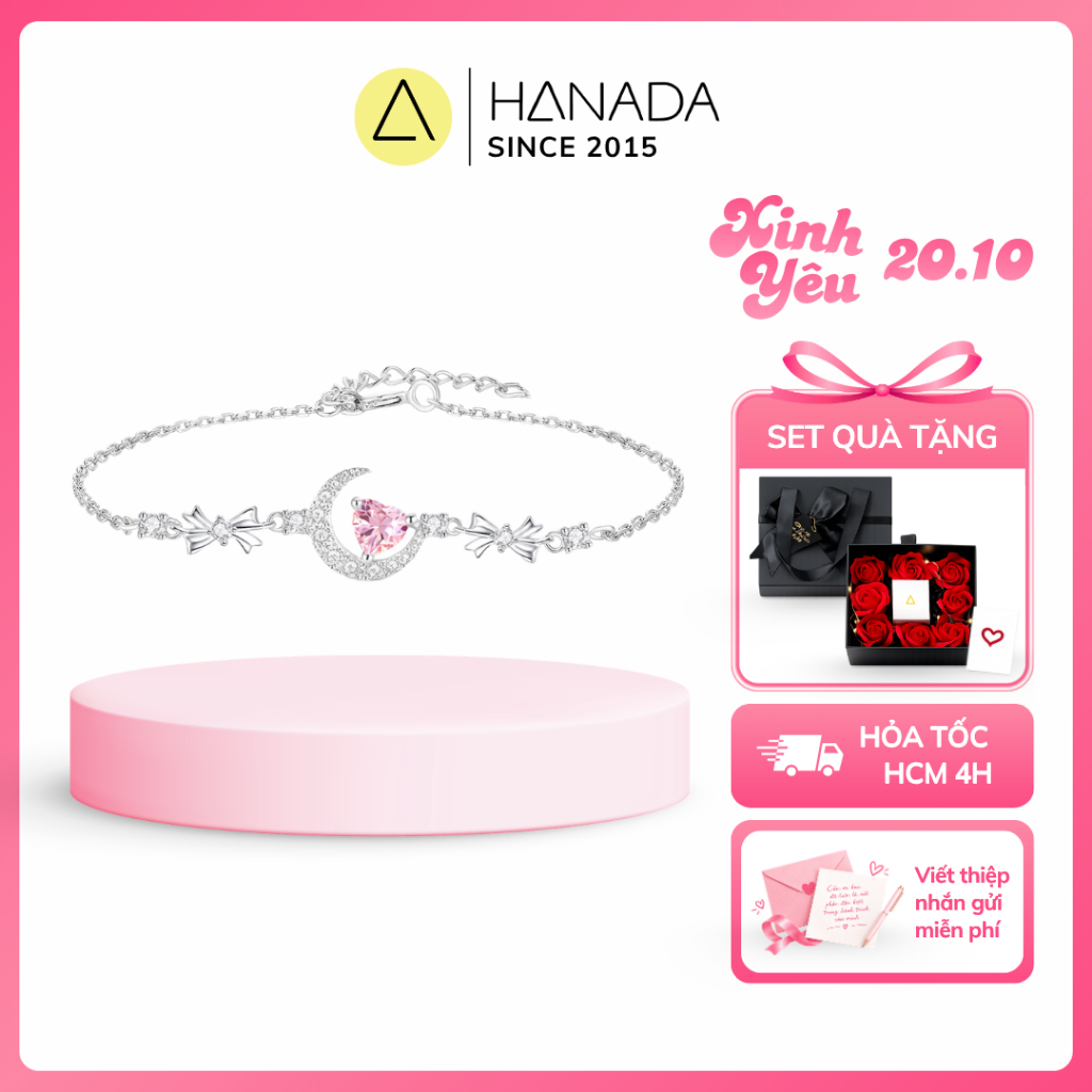 [BẠC 925 - BH TRỌN ĐỜI] Lắc Tay Bạc 925 HANADA Mặt Trăng Trái Tim Đá Hồng,Vòng Tay Tiểu Thư Nơ Đá Quà tặng Nữ 2835