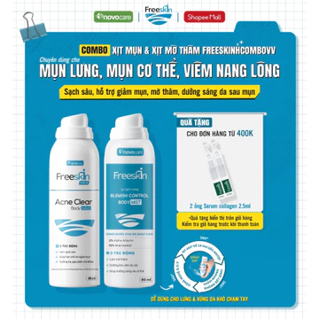 Combo Xịt mụn lưng, viêm nang lông & Xịt mờ thâm mụn lưng Novocare - Freeskin hỗ trợ giảm mụn, giảm thâm, dưỡng sáng da