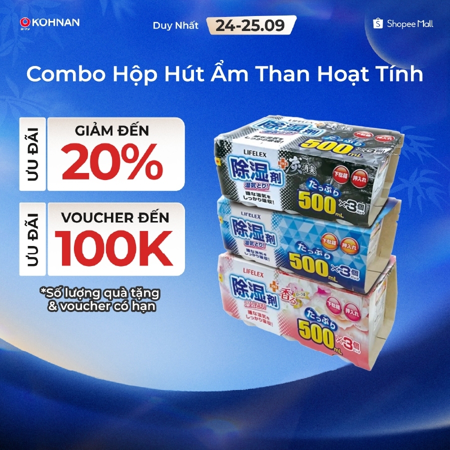 COMBO Hộp hút ẩm KOHNAN KR15 500ml vỉ 06 hộp than hoạt tính khử mùi chống ẩm mốc, nhiều mùi hướng