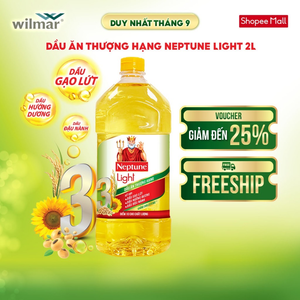 [GIẢM 25% DUY NHẤT NGÀY 24/9 LÊN TỚI 50K] Dầu ăn thượng hạng Neptune Light 2L:Chính hãng