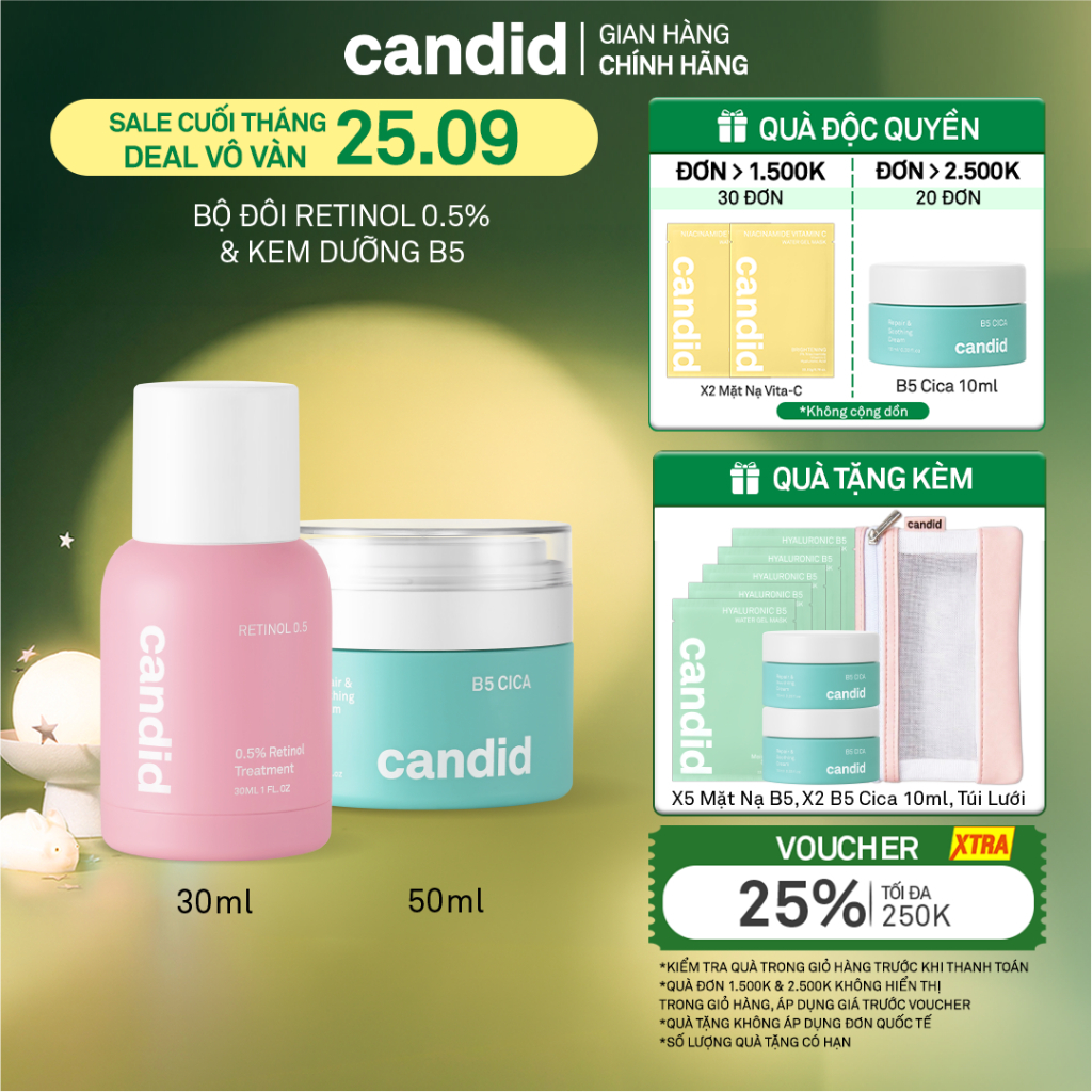 Bộ Đôi Hỗ Trợ Cải Thiện Và Phục Hồi Làn Da Candid Retinol 0.5% 30ml & Kem Dưỡng B5 Cica 50ml