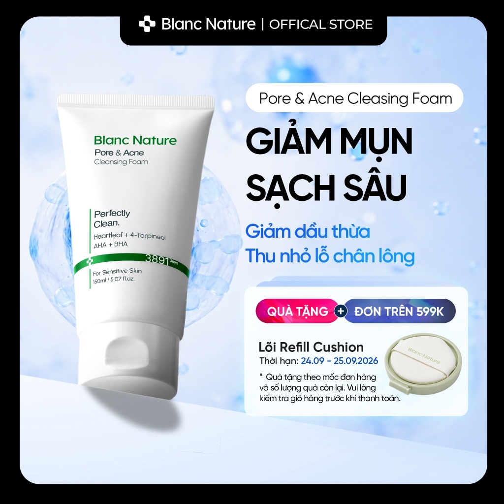 Sữa rửa mặt sạch sâu da giảm mụn da dầu mụn nhạy cảm- Blanc Nature Pore & Acne Cleansing Foam 150ml