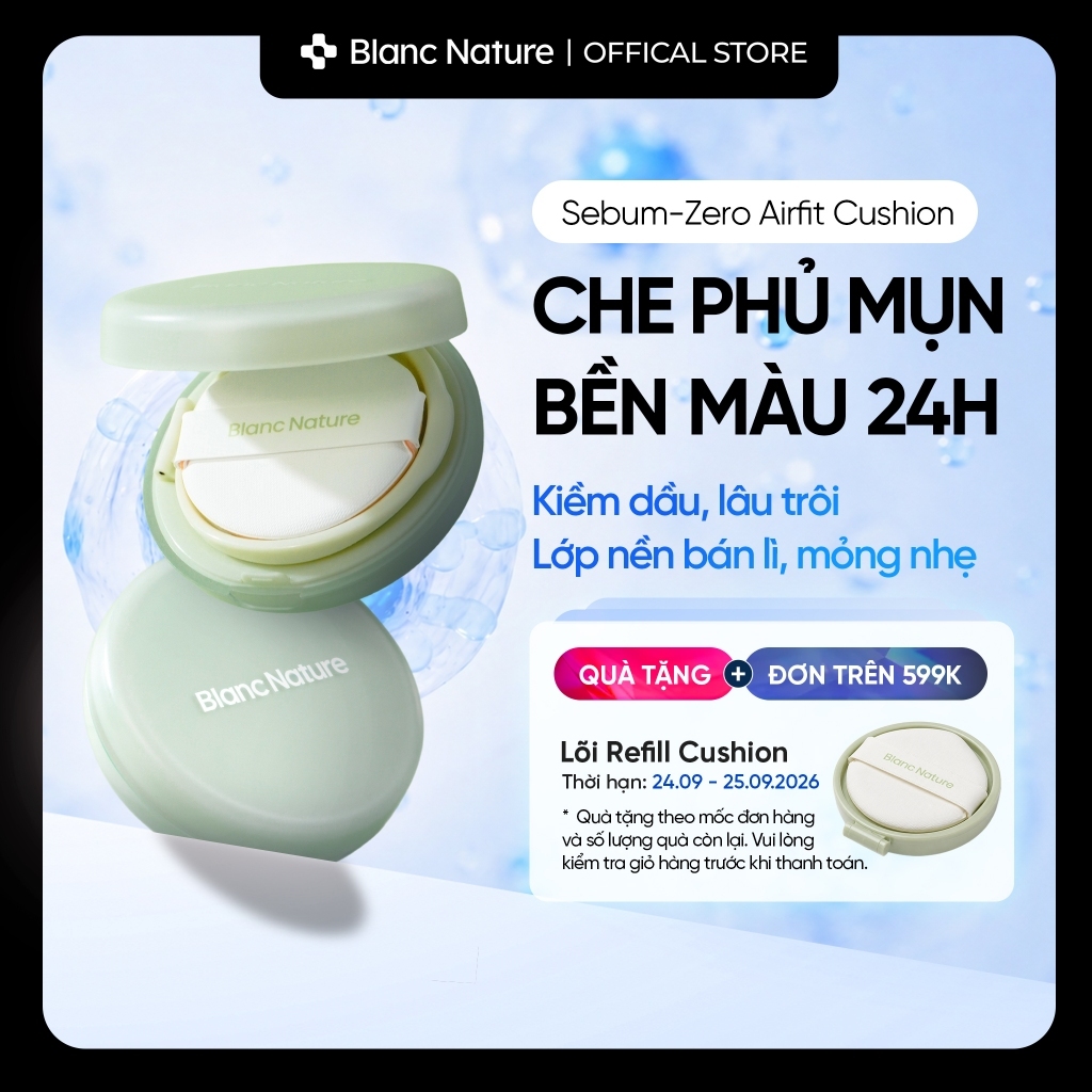 Phấn nước kiềm dầu lâu trôi che khuyết điểm 24h cho da dầu mụn - Blanc Nature Sebum Zero Airfit Cushion 15g