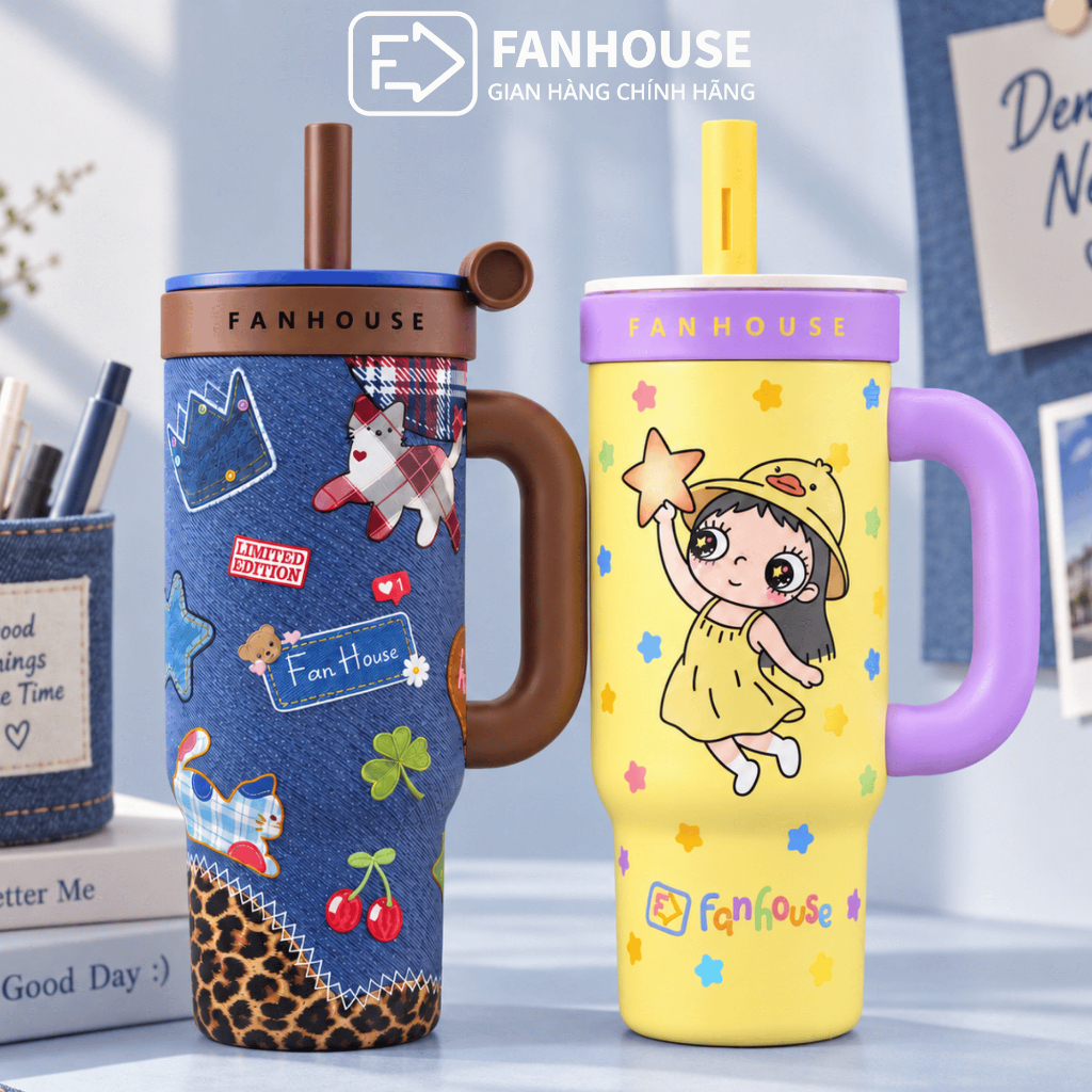 Ly giữ nhiệt Wings II dung tích 900ml lõi Thủy Tinh, Fan House bình giữ nhiệt 6-8h tặng ống hút trà sữa