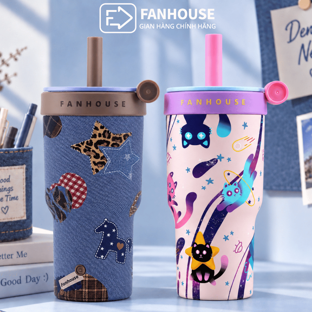 Ly giữ nhiệt Wings 620ml lõi Thủy Tinh, Fan House ly giữ nhiệt 12h khắc tên tặng túi vải canvas