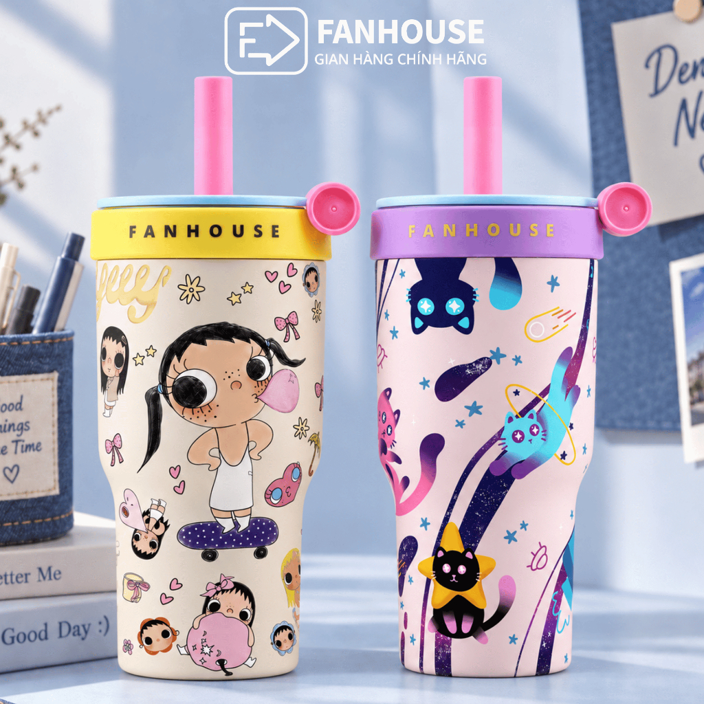 Ly giữ nhiệt Wings lõi Thủy Tinh dung tích 620ml, Fan House ly nước giữ nhiệt 8h khắc tên tặng túi