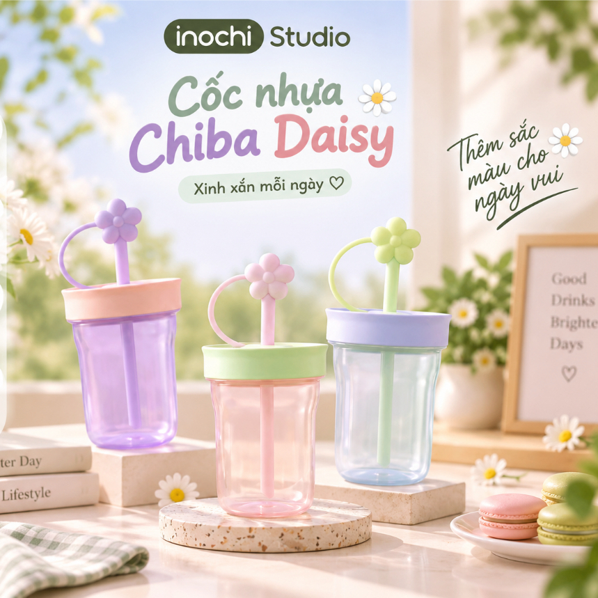 Ly nhựa có ống hút Inochi CHIBA SHIBA & CHIBA DAISY thiết kế xinh xắn, chống tràn, cốc nhựa