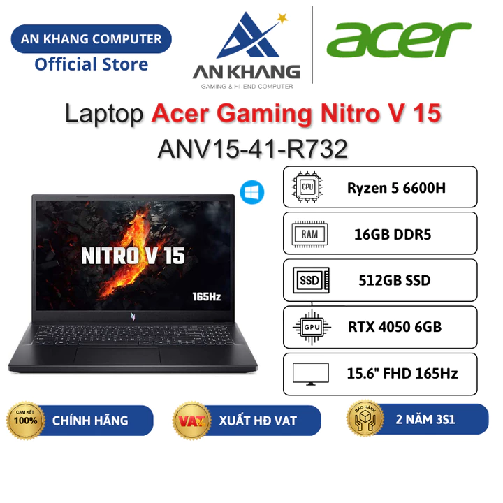 Laptop Acer Gaming Nitro V 15 ANV15-41-R732 (R5 6600H/ 16GD5/ 512GSSD/ 6GD6_RTX4050/ 15.6"FHD/W11)Chính hãng BH 24 Tháng