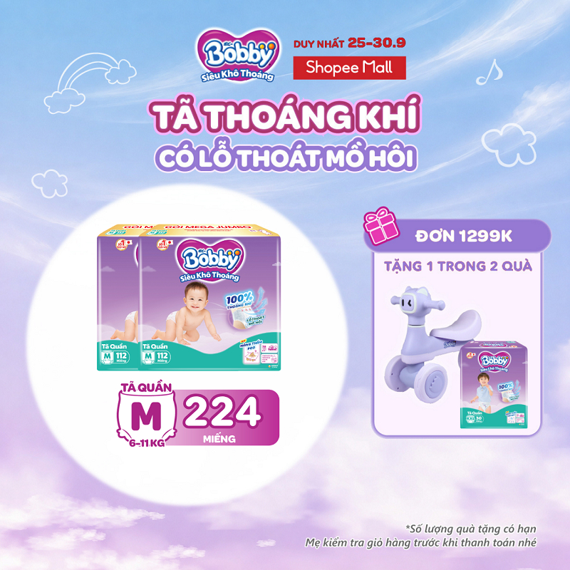 [TẶNG MIẾNG NGẪU NHIÊN] Combo 02 tã quần Bobby Khô Thoáng - 100% Thoáng Khí Mega Jumbo M112/L96/XL84/XXL76