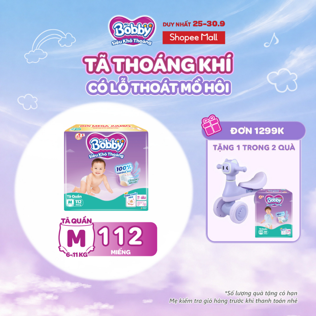 [TẶNG MIẾNG NGẪU NHIÊN] Tã quần Bobby Khô Thoáng - 100% Thoáng Khí Mega Jumbo  M112/L96/XL84/XXL76