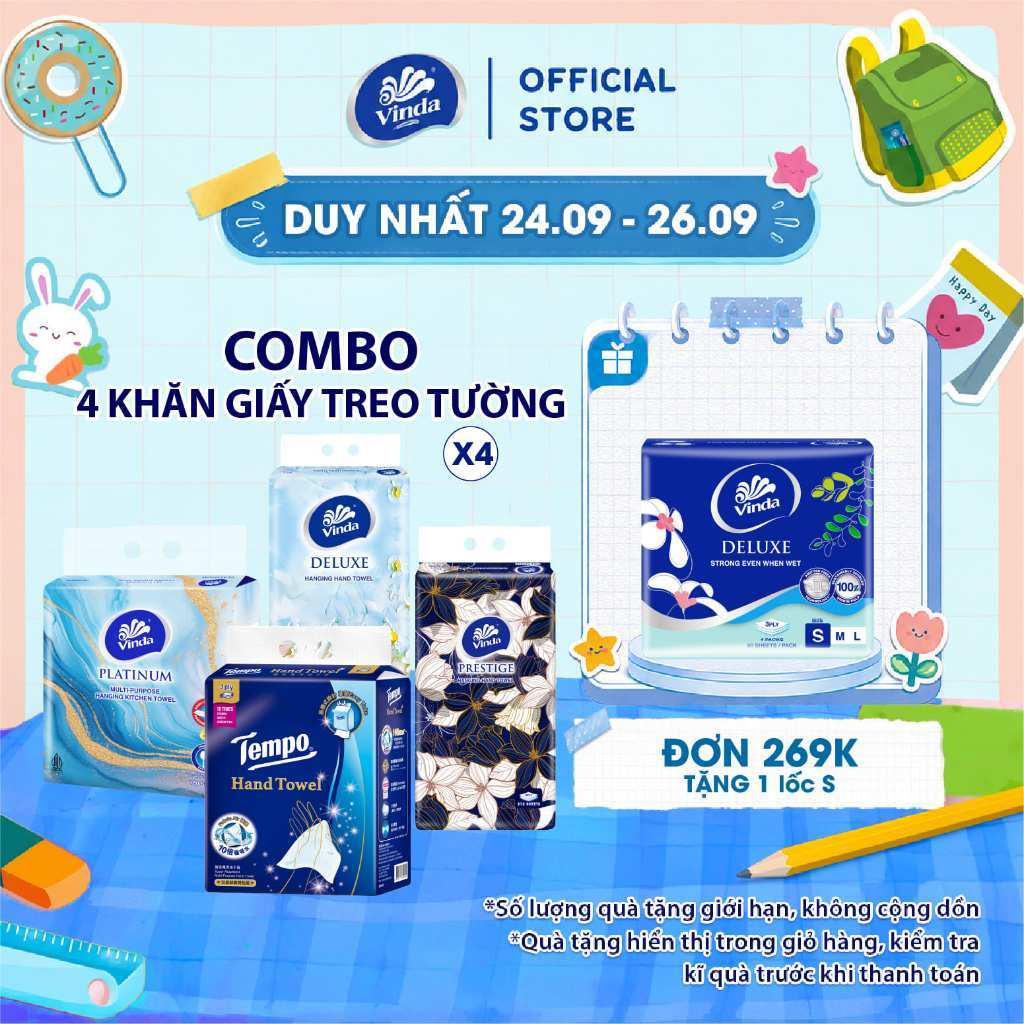 [COMBO 4 GÓI KHĂN TREO TƯỜNG] Khăn giấy treo tường cao cấp Vinda Prestige 4D 3 lớp 212 tờ