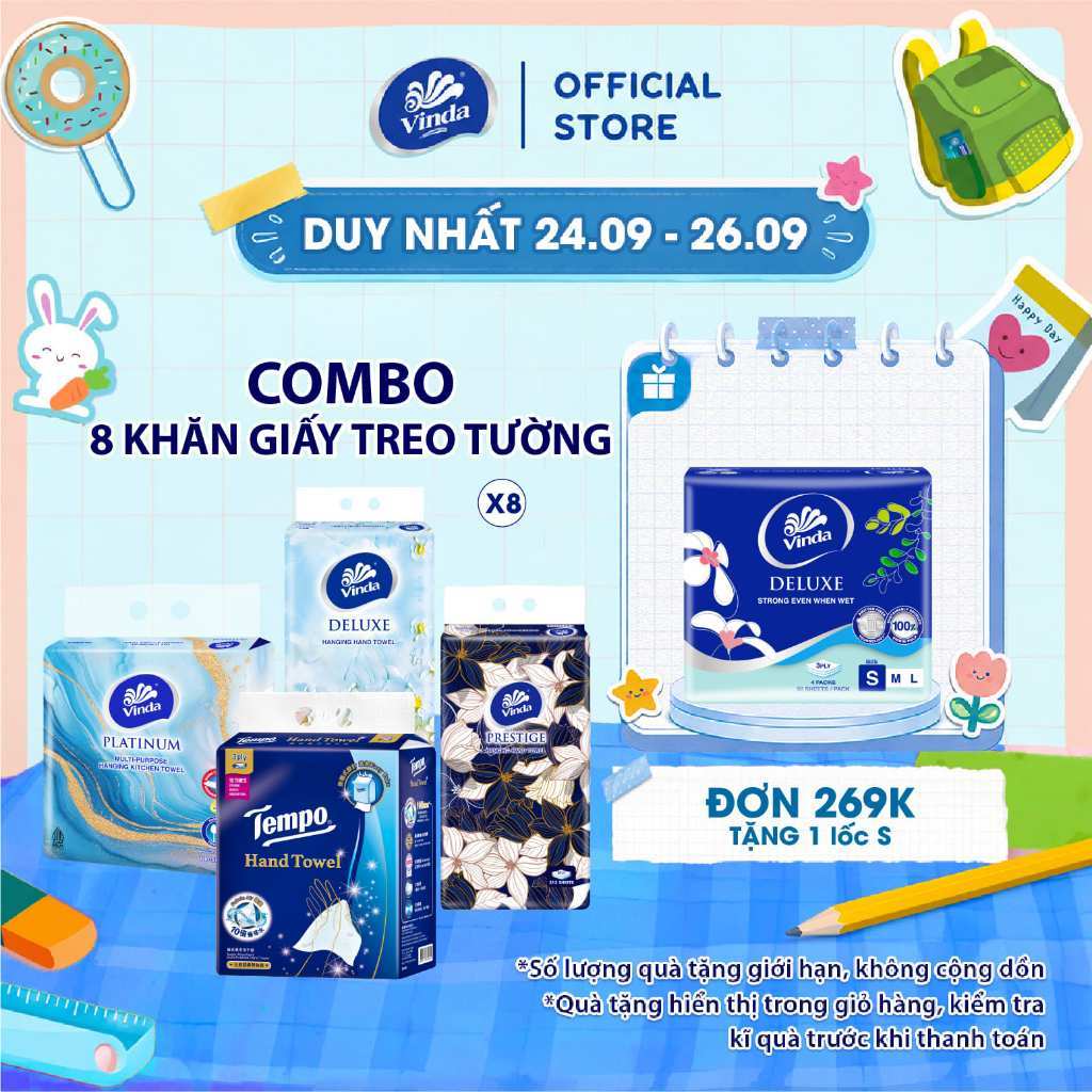 [COMBO 8 GÓI GIẤY TREO TƯỜNG ] Khăn giấy treo tường cao cấp Vinda Prestige 4D 3 lớp 212 tờ