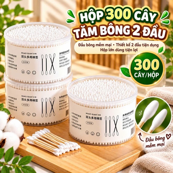 Hộp 300 tăm bông ráy tai cotton 2 đầu thân gỗ an toàn vệ sinh 0.5x7.5cm