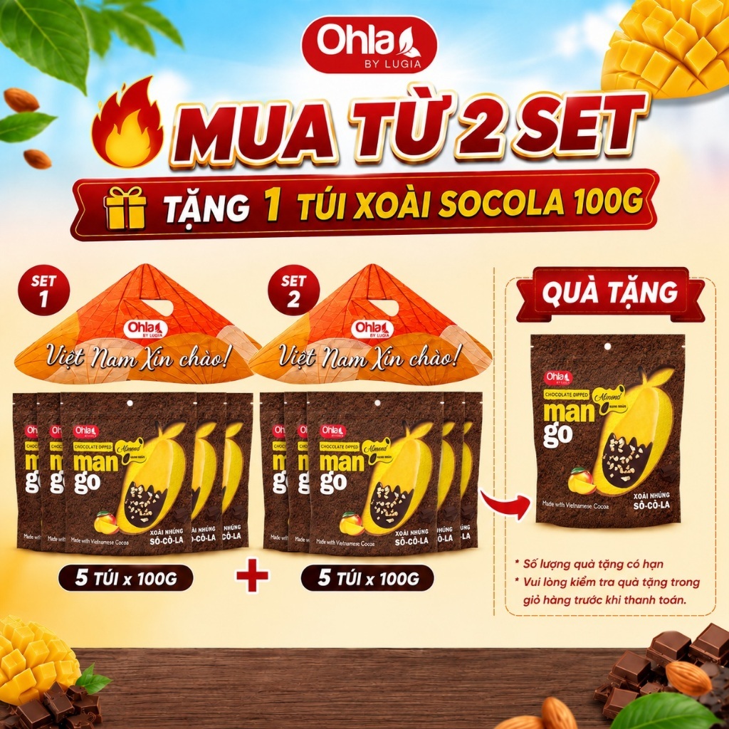 Set Nón Lá Xoài Nhúng Socola Hạnh Nhân Ohla (5 x 100g) - Món Quà Dinh Dưỡng Cao Cấp