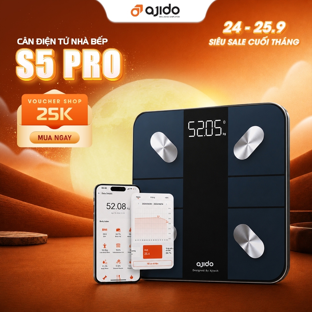 Cân Điện Tử Sức Khỏe Thông Minh AJIDO S5 PRO, Phân Tích Inbody Đo 20 Chỉ Số Cơ Thể, Kết Nối Bluetooth App Ajido Health