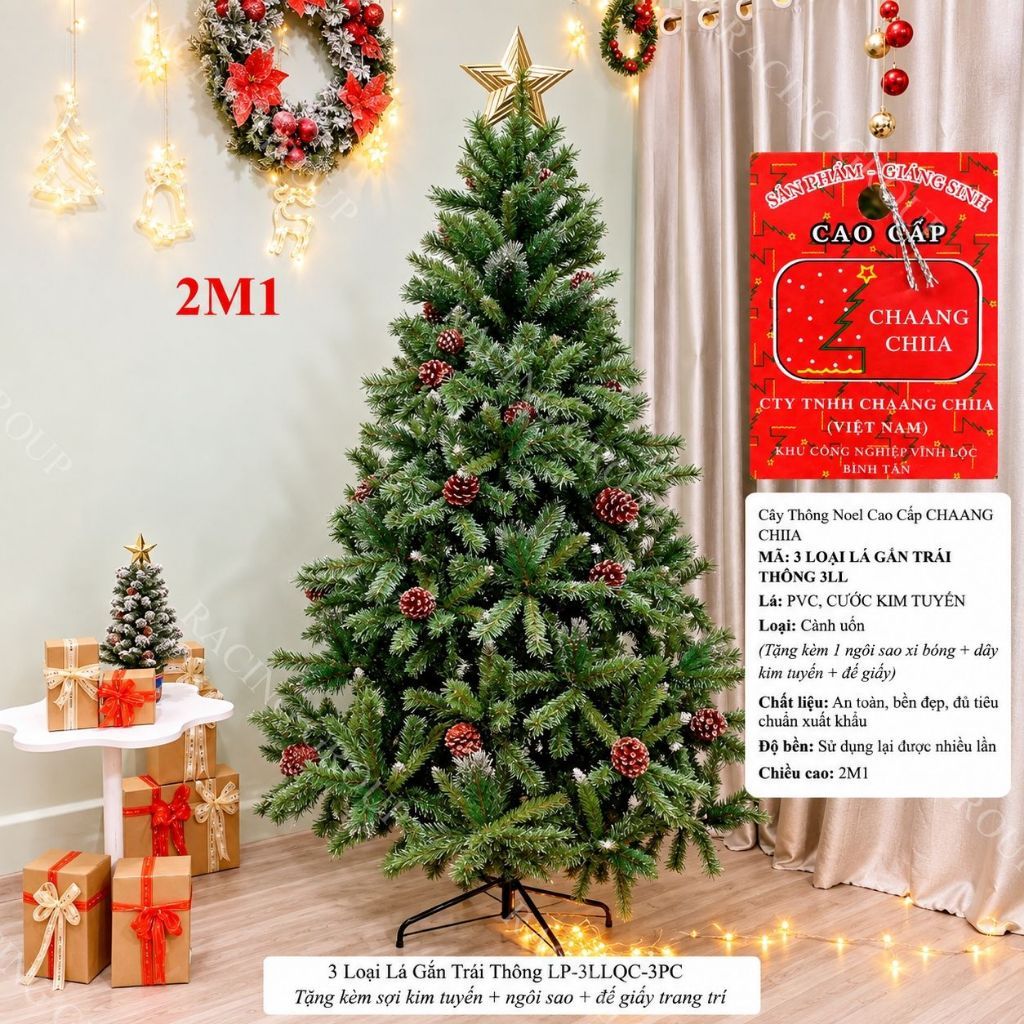Cây Thông Noel 3 Loại Lá, 1 Loại Lá Gắn Trái Thông Dầy Lá Nhiều Nhánh Hàng Cao Cấp Dễ Lắp Đặt