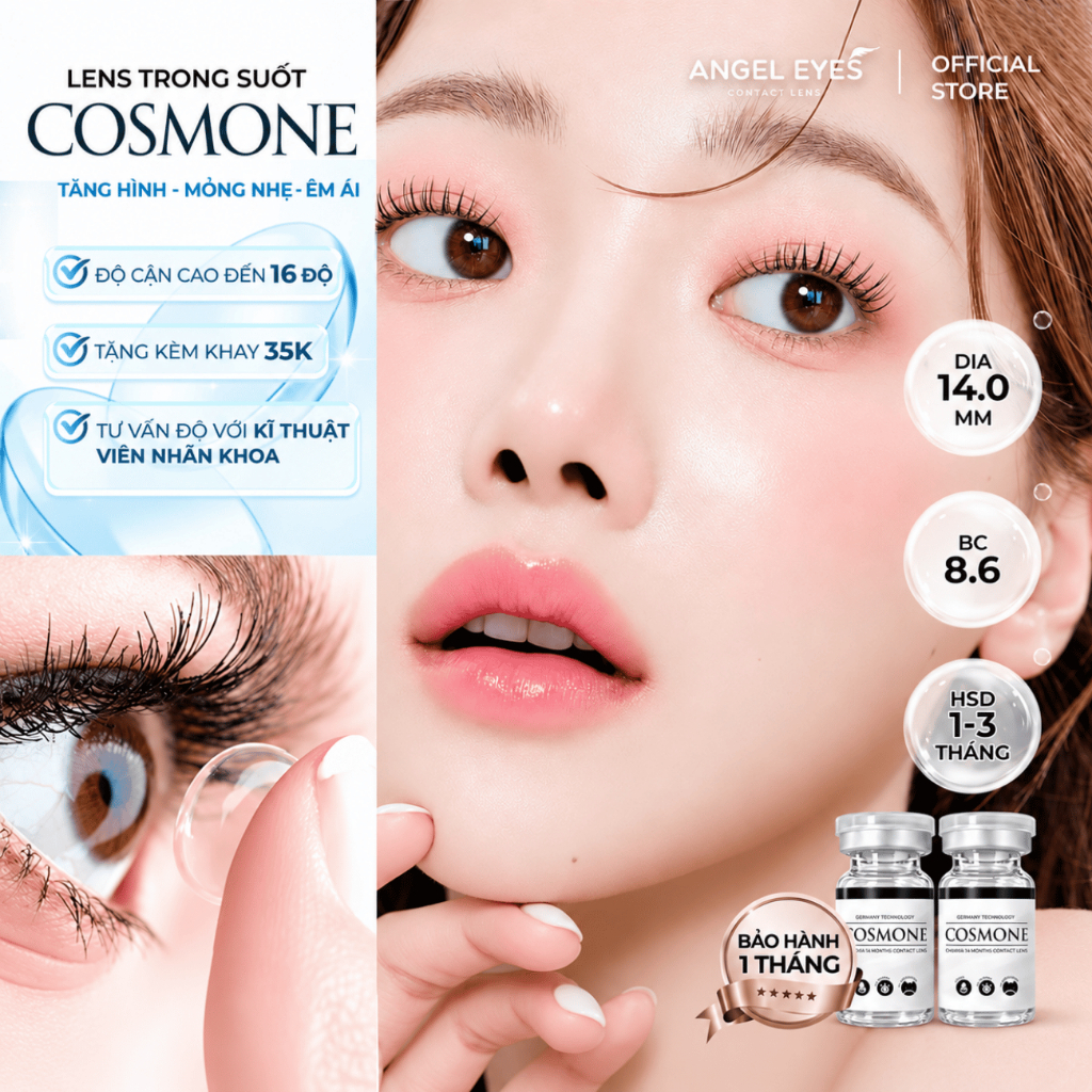 Lens cận Angel Eyes Cosmone trong suốt có độ từ 0 đến 16 độ | Kính áp tròng cận trong suốt có độ