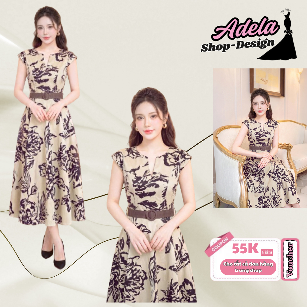Váy Công Sở ADELA DESIGN Mango Ý Cao Cấp Cổ V Tay Ngắn Đai Eo Bọc Vải Hoa Đen Nền Kem Xòe Dài MDU6620