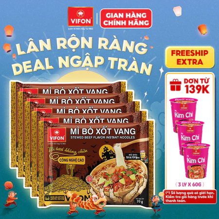 [Combo Halloween] Set 5 Gói Mì Tươi Bò Xốt Vang/Thịt Bằm/Tôm Chua Cay VIFON - Sợi Dai Ngon, 70g/Gói