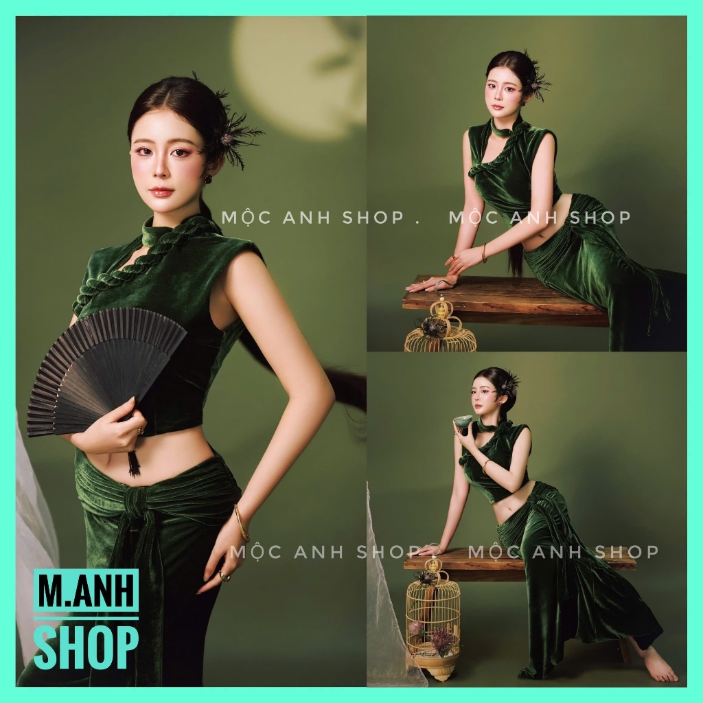 Sét Yếm Nhung Xanh Chụp Ảnh Concept Cao Cấp Xinh Đẹp