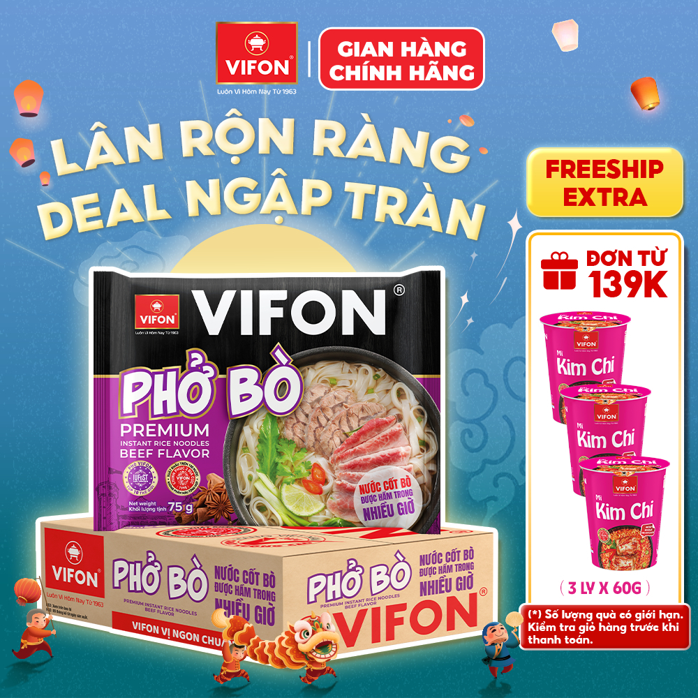 [VOUCHER HOT 10%] Thùng 24 Phở Bò VIFON Có Gói Nước Cốt Bò - Cung Cấp Dinh Dưỡng, 75g/Gói