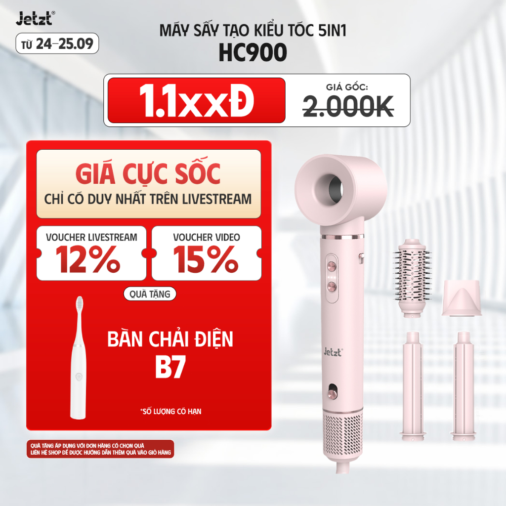JETZT HC900 AirStyle Pro Máy Sấy Tóc Tạo Kiểu 5in1 - Uốn Xoăn Tự Động, Sấy Nhanh 30m/s, 200 Triệu Ion Âm, 5 Đầu Tạo Kiểu