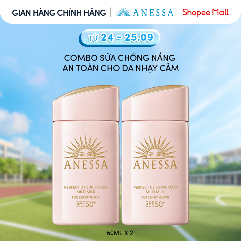 Combo Sữa chống nắng dưỡng da dịu nhẹ an toàn cho da nhạy cảm và trẻ em Anessa Mild Milk SPF50+ PA++++ 60mlx2