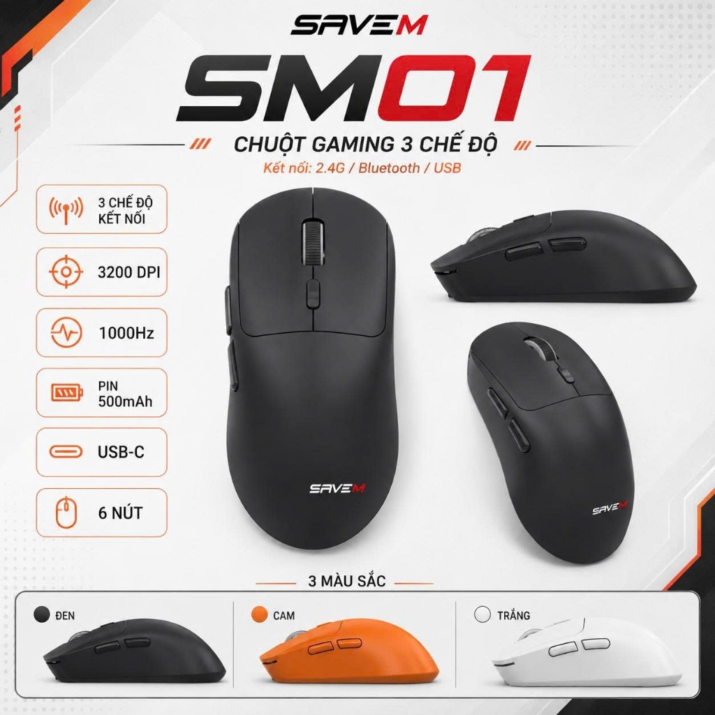 Chuột Gaming SAVEM SM01 3 Chế Độ Kết Nối 2.4G Bluetooth USB 3200 DPI 1000Hz 6 Nút BH 2 Năm | BigBuy360 - bigbuy360.vn