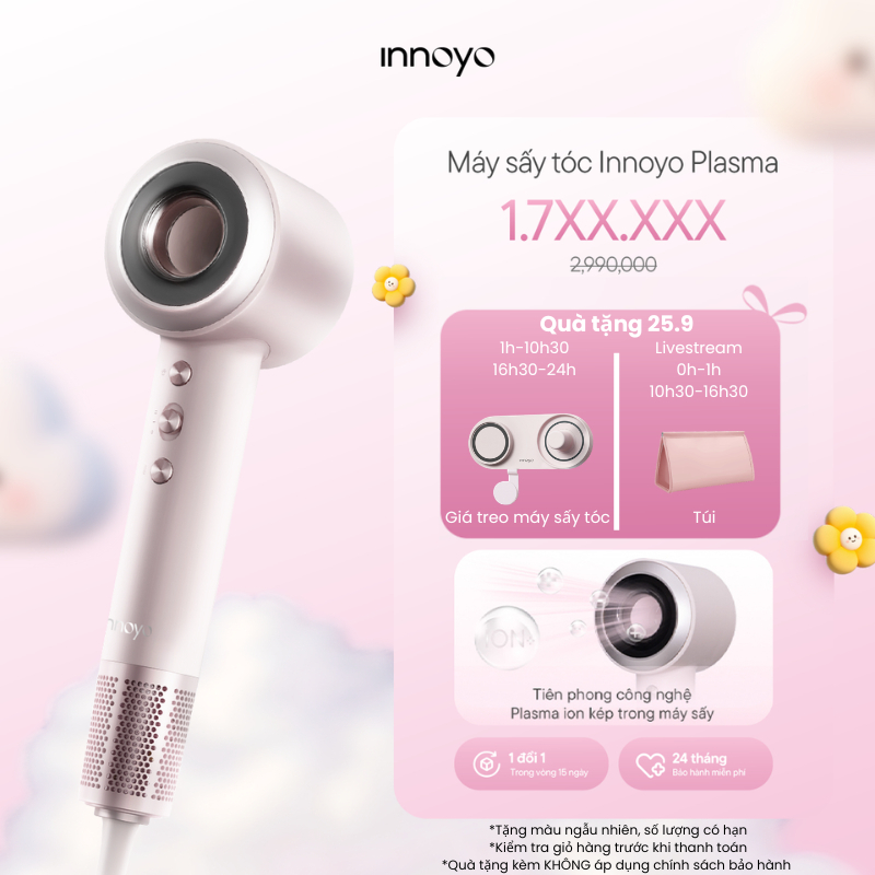 Máy sấy tóc Innoyo Plasma - 500 triệu Plasma ion kép, sấy nhanh trong 3 phút - Bảo hành 24 tháng - Tặng đầu sấy